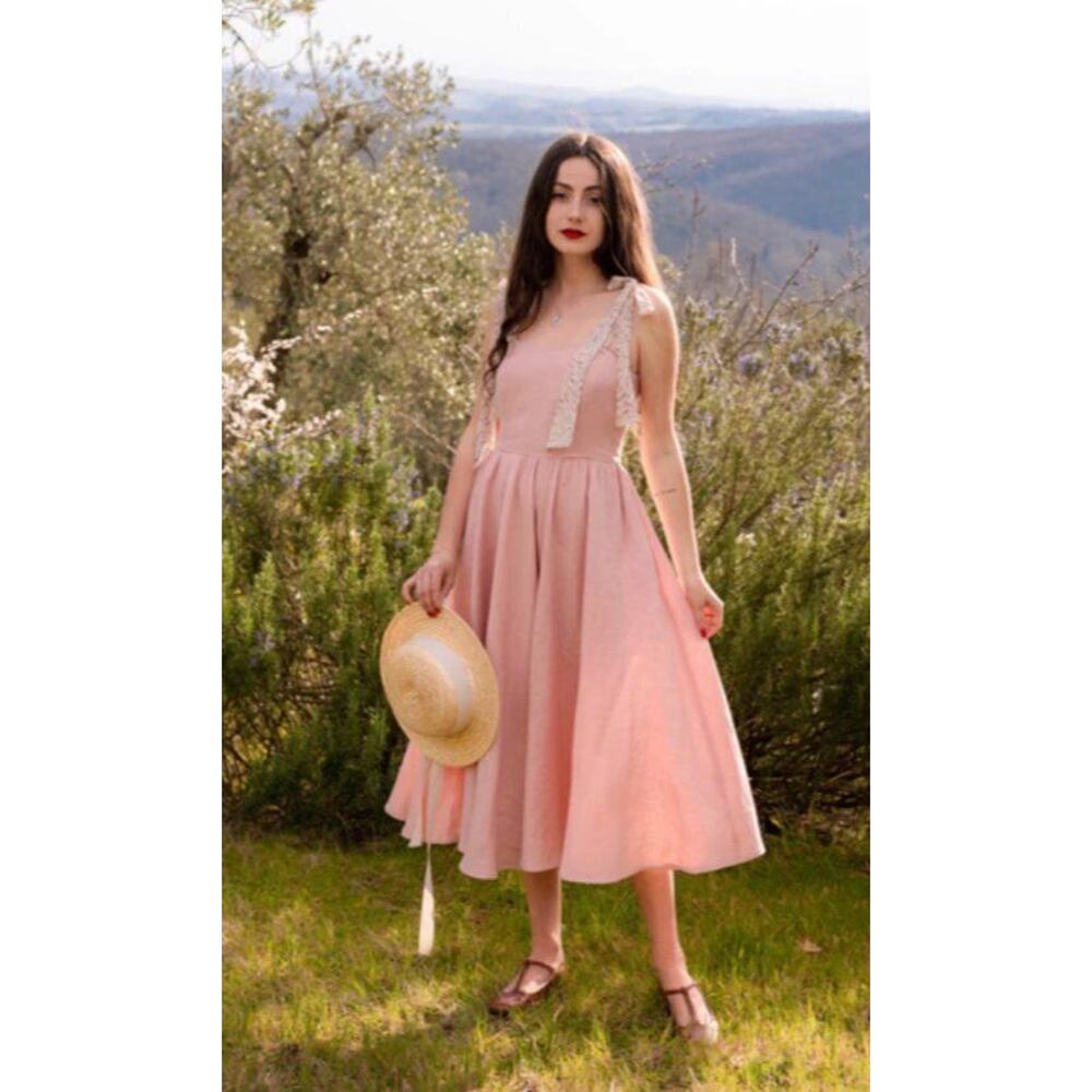 BEDRA Vintage Sz S Small Pale Pink Linen Tie Shoulder Midi Juliet Dress NWT